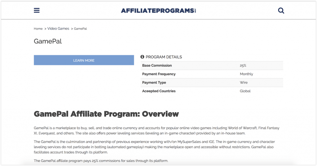 gamepal affiliate programs