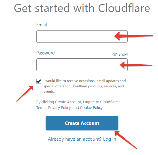 Форма регистрации Cloudflare