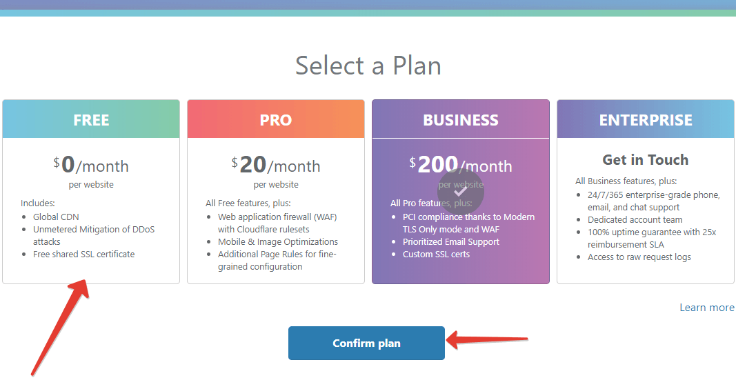 Выбрать тарифный план в Cloudflare