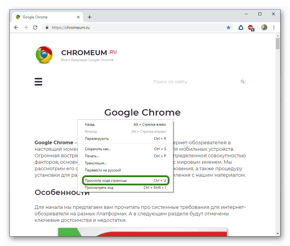 Пункт Просмотр кода страницы в Google Chrome