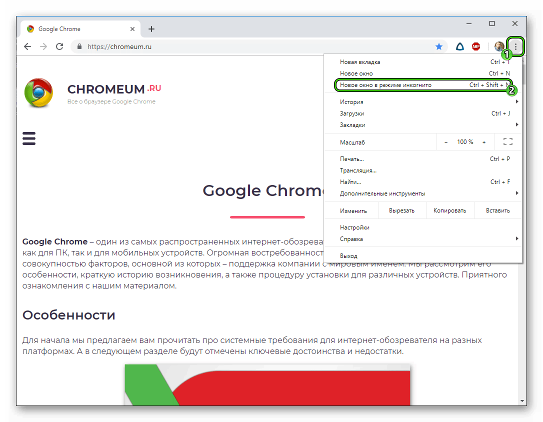 Пункт Новое окно в режиме инкогнито в основном меню браузера Google Chrome