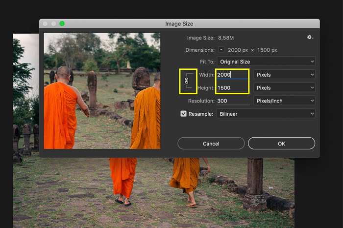 A screenshot showing how to increase width and height of image in Photoshop