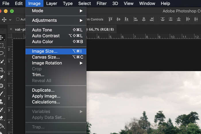 A screenshot showing how to select image size in Adobe Photoshop 