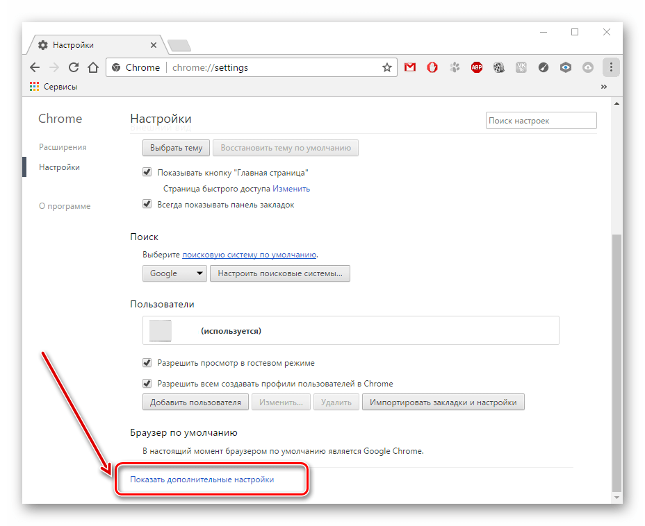 Дополнительные настройки в Google Chrome