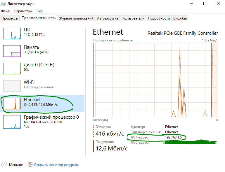 Найти Ip адрес в диспетчере задач