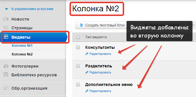 Виджеты добавлены во вторую колонку Виджеты добавлены во вторую колонку