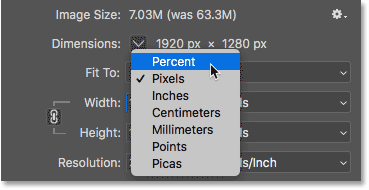 Changing the image dimensions measurement type to Percent in the Image Size dialog box