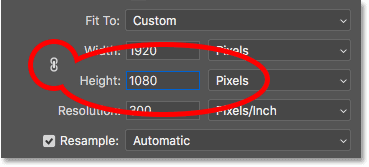 Unlinking the Width and Height and then changing the Height separately in the Image Size dialog box