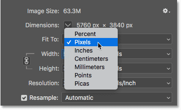 Choosing Pixels as the measurement type for the image dimensions in the Image Size dialog box