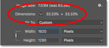 Viewing the new image dimensions as a percentage of the original size in the Image Size dialog box in Photoshop