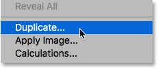 Choosing the Duplicate command from the Image menu in Photoshop