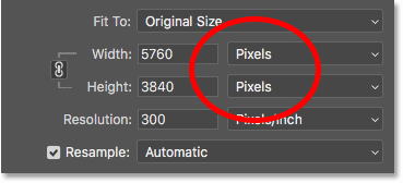 Setting the Width and Height measurement type to Pixels in the Image Size dialog box