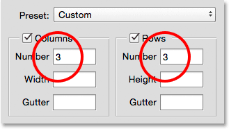 Setting the Columns and Rows to 3 in the New Guide Layout dialog box. 
