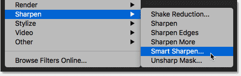 Choosing the Smart Sharpen command in Photoshop