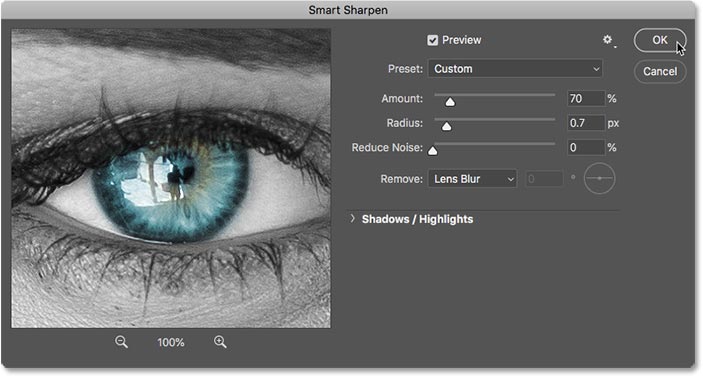Applying sharpening to the smart object in Photoshop