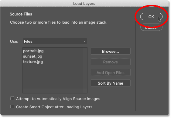 Clicking OK to load the images into Photoshop and close the Load Layers dialog box