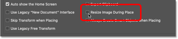 The Resize Image During Place option in Photoshop