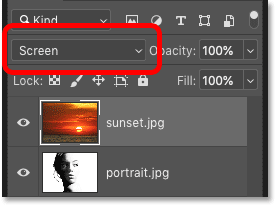 Changing the blend mode of the sunset layer to Screen in Photoshop