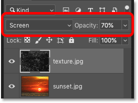 Changing the blend mode and opacity of the texture image in Photoshop