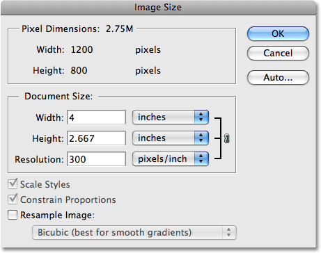 Changing the print resolution in Photoshop to 300 pixels/inch. Image © 2009 Steve Patterson.