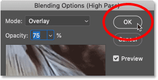 Closing the Blending Options dialog box in Photoshop