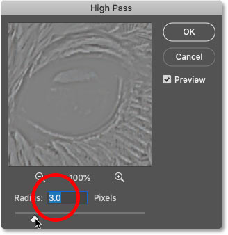 Setting the High Pass filter Radius value to 3 pixels