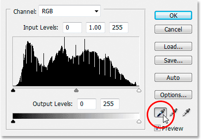 Clicking on the black point eyedropper in the bottom right of the Levels dialog box to select it.