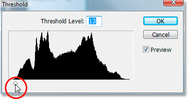 Dragging the slider at the bottom of the Threshold dialog box first to the left, then slowly back towards the right until white areas begin to appear in the image.