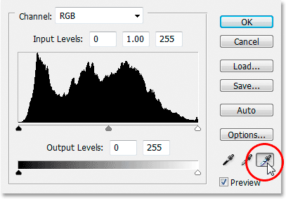 Selecting the white point eyedropper in the Levels dialog box.