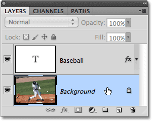 Selecting the Background layer in the Layers panel in Photoshop.