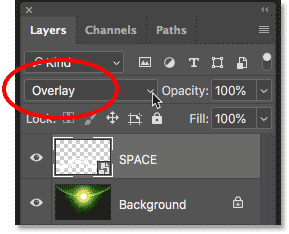 Changing the blend mode of the text to Overlay in Photoshop