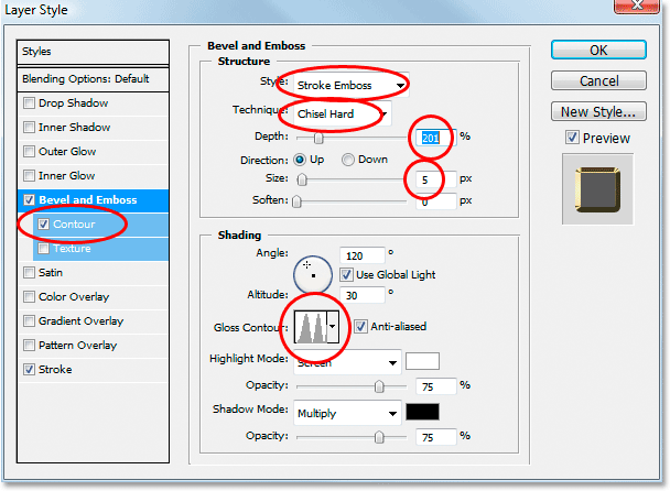 The Bevel and Emboss options for the stroke