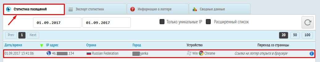 Статистика посещений в сервисе iplogger