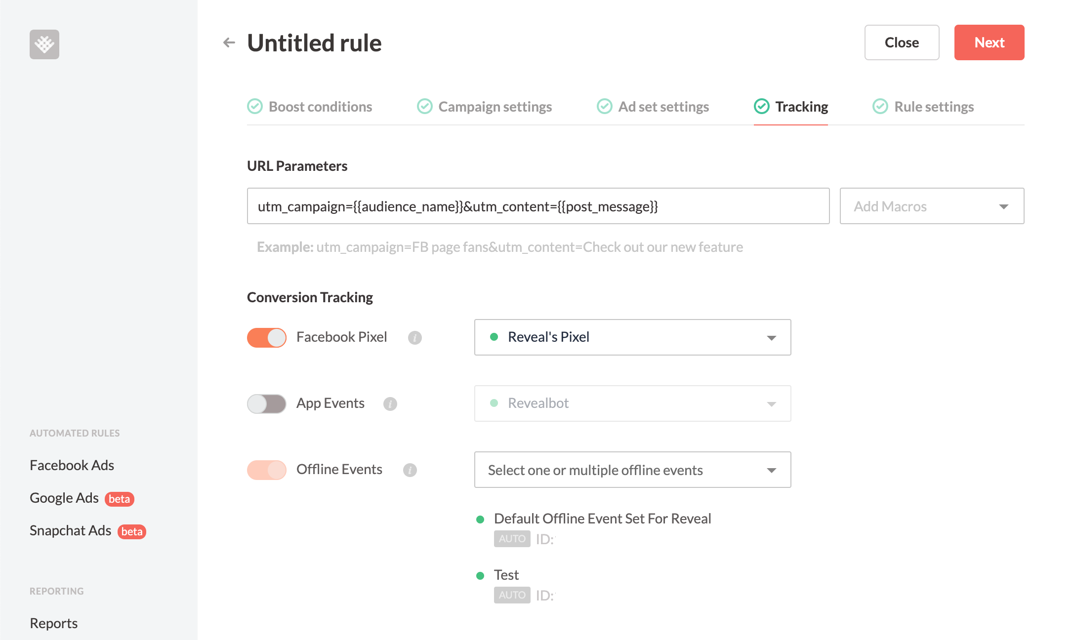 Revealbot auto boosting tracking settings