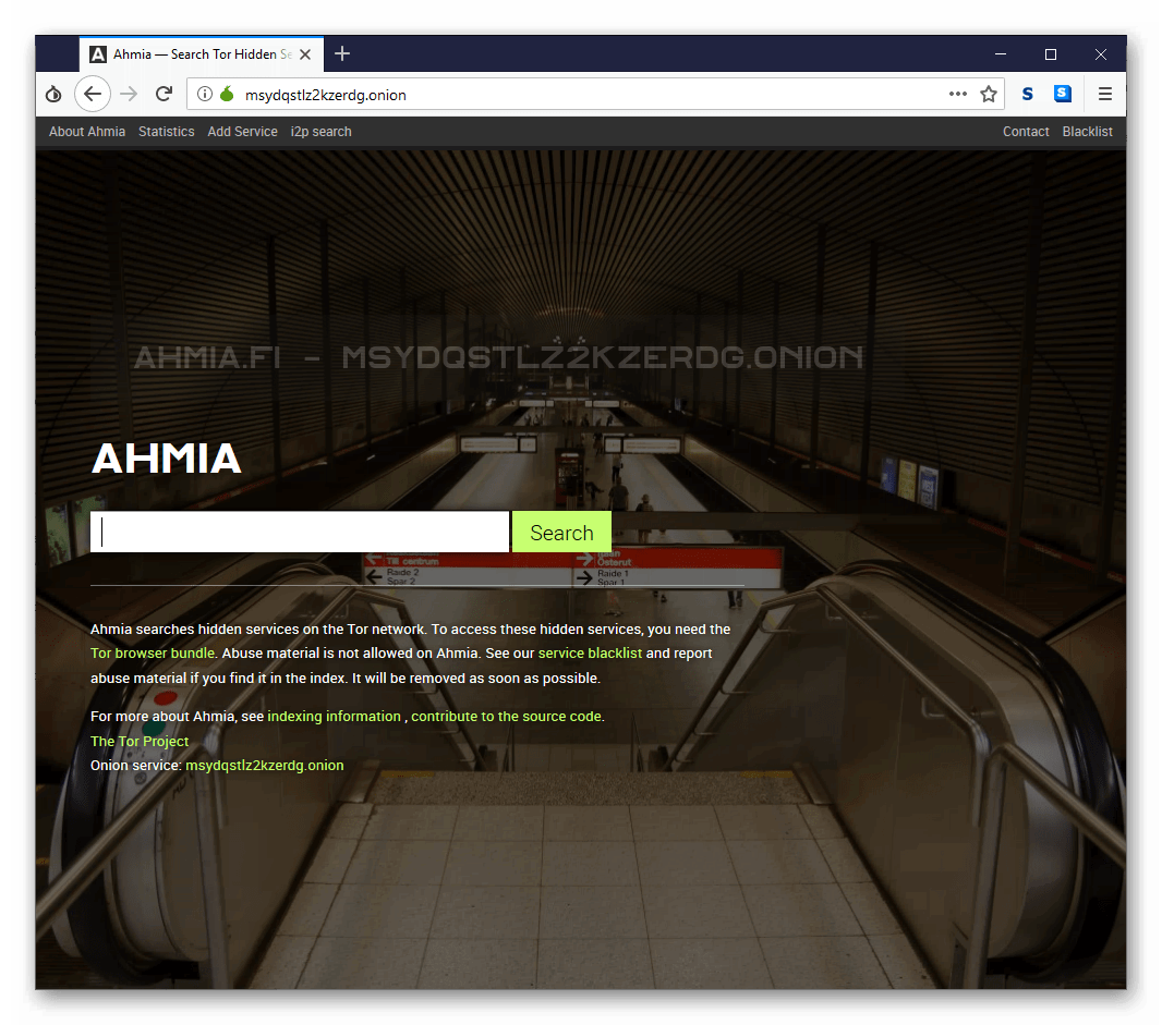 Общий вид поисковика Ahmia в Tor Browser