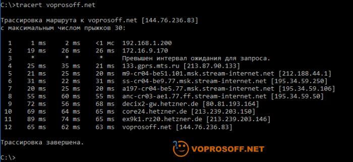 использование cmd команды tracert