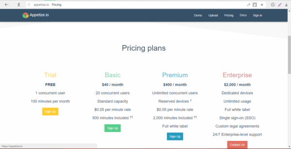 Стоимость Appetize.io