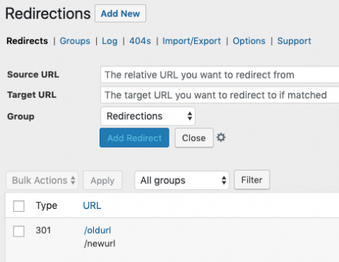 example of 301 redirect implemented in the Redirection plugin